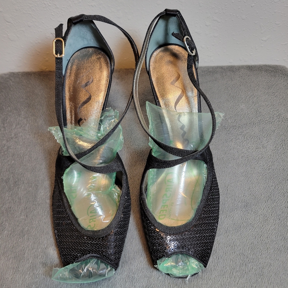 Nina 8.5 Sequin Cross Strap Peep Toe Heels